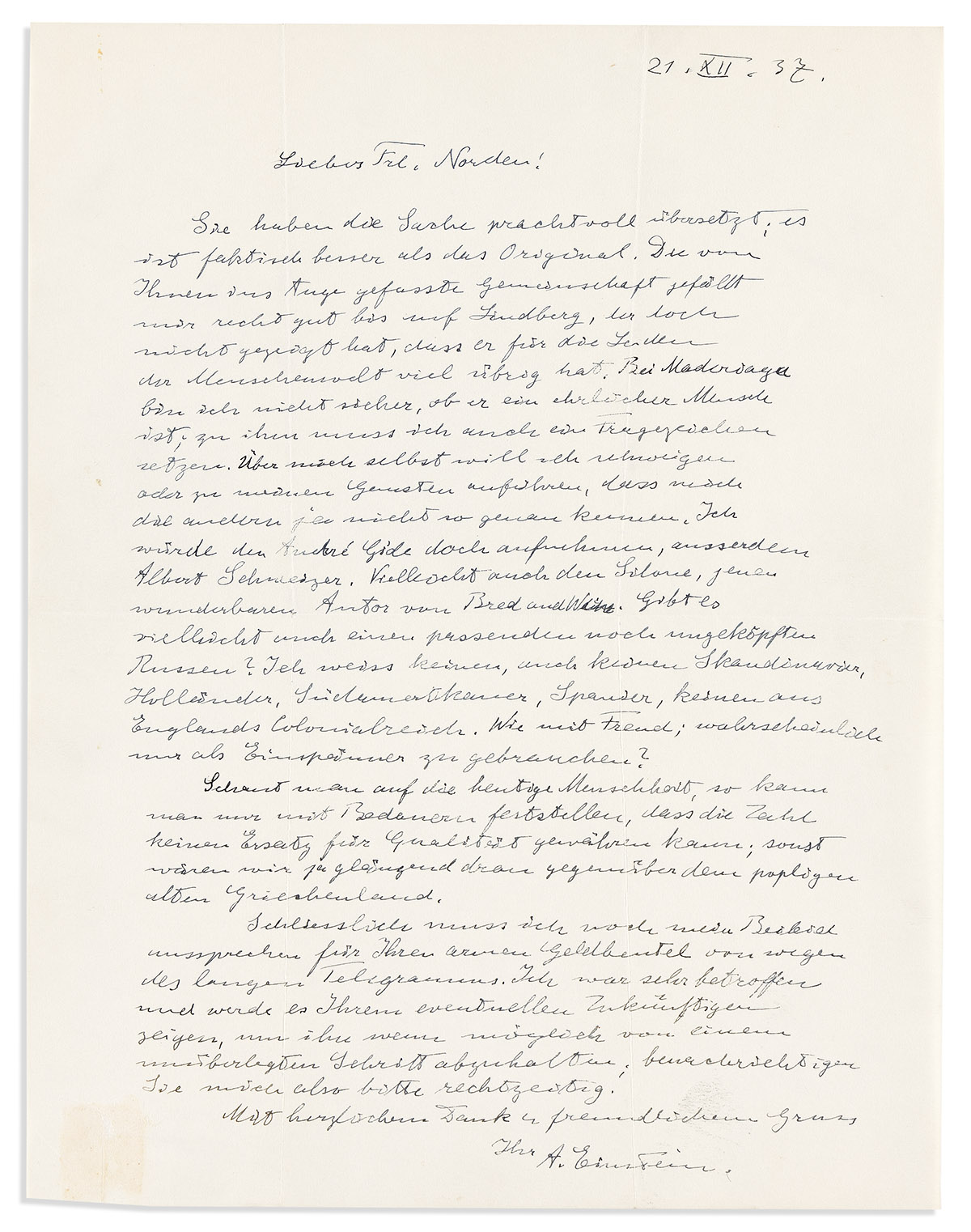 (SCIENTISTS.) EINSTEIN, ALBERT. Autograph Letter Signed, A. Einstein, to Ruth Norden, in German,